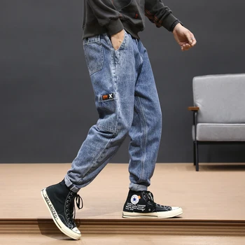 

Fashion Streetwear Men Jeans Blue Gray Color Loose Fit Big Pocket Cargo Pants Harem Jeans Homme Korean Style Hip Hop Jeans Men