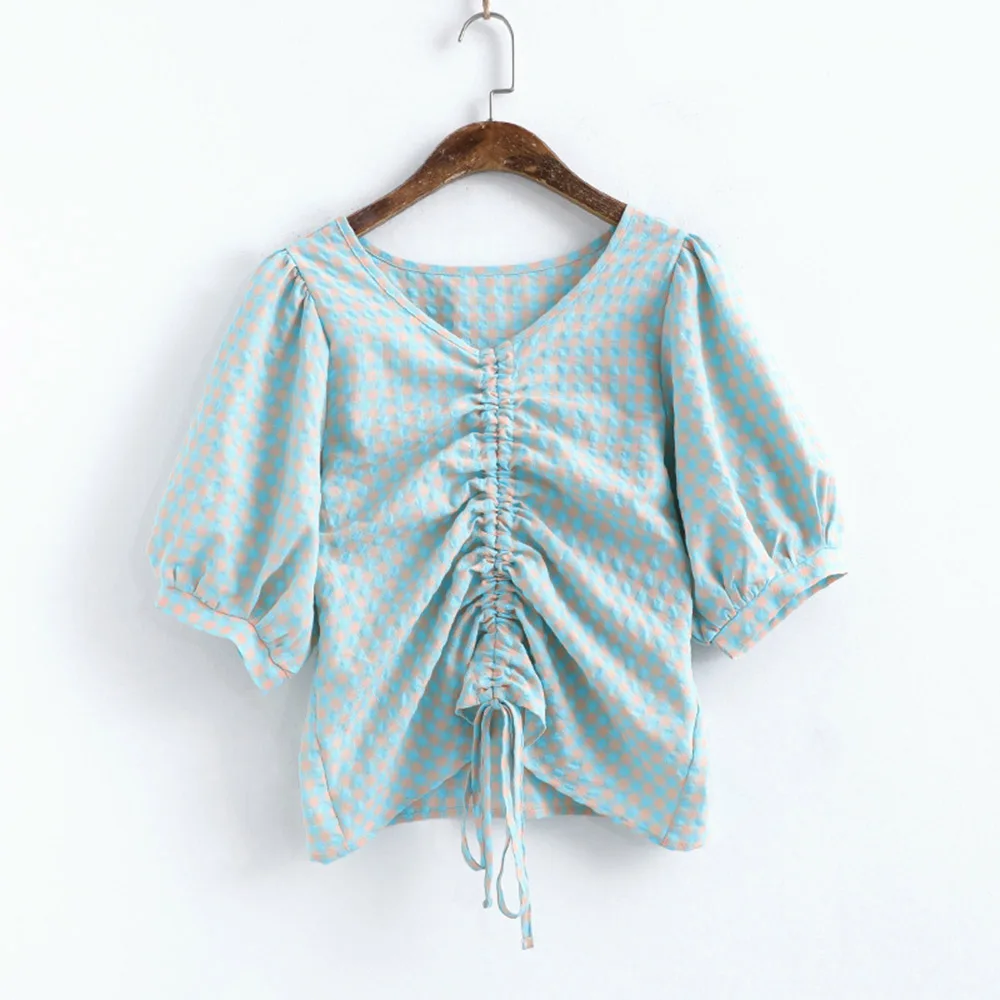 Women 2020 Summer Korean Exposed Navel Casual Slim Thin Girl V-neck Tops Female Adjustable Lattice Pleated Drawstring Blouse