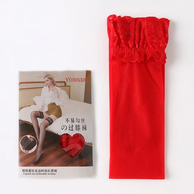 Women'S Transparent Sexy Stockings Lace Silicone Non-Slip Thigh High Stockings Over The Knee Socks Holiday Party Pantyhose Red
