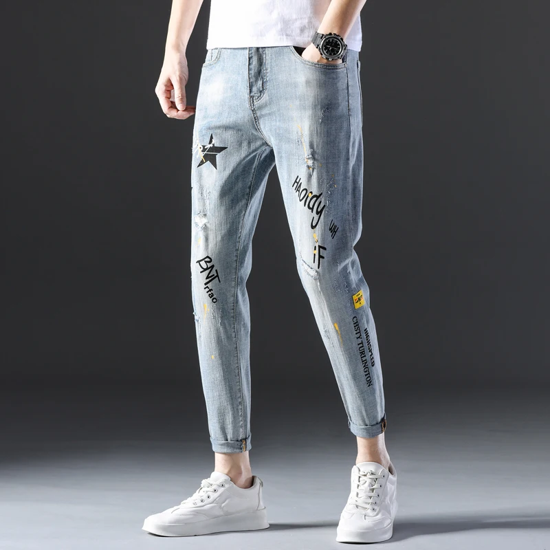 Hot Product New Fashion Streetwear Mens Jean Destroyed Hole Men Full Length Jeans Nine-cent Jeans Spiritual Boys and Social People's Trouser