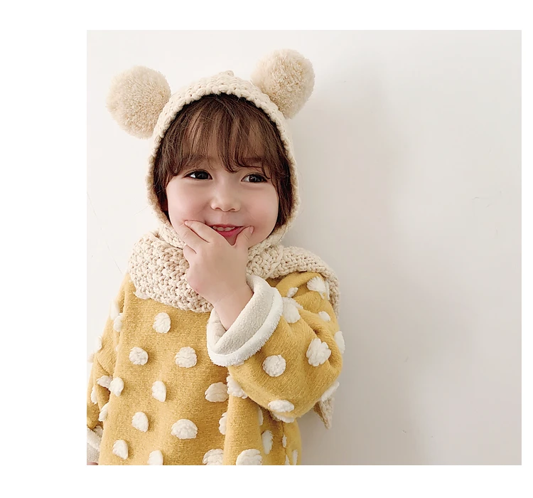 Children Knitted Hat Autumn and Winter Toddler Girl Neck Ear Protection One Baby Winter Warm Wind Hat Small Ball Baby Girl Cap