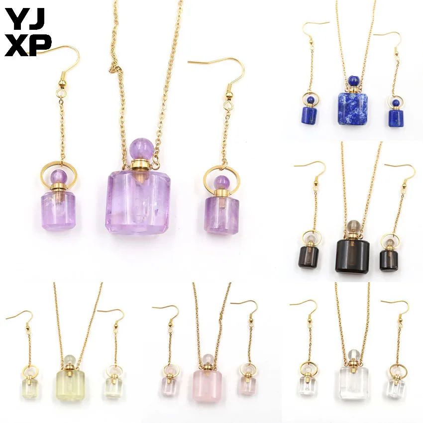 

YJXP Perfume Bottles Jewelry Sets Natural Crystal Amethysts Rose Quartzs Essential Oil Diffuser Bottle Pendant Necklace Earrings