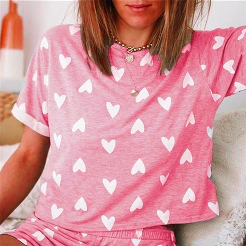 Women Summer Two Pieces Set Casual Heart Printed O Neck Short Sleeves Tops Elastic Waist Shorts Fashion Female Clothing Suit |