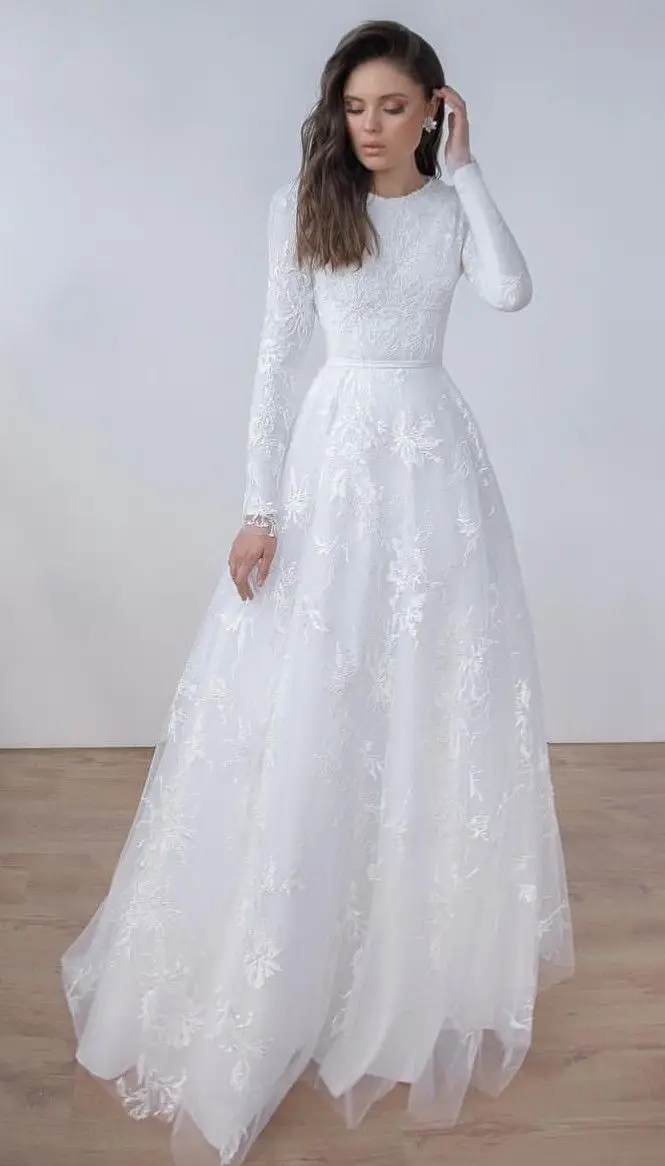 Vestido De Noiva мусульманское свадебное платье с длинным рукавом ТРАПЕЦИЕВИДНОЕ фатиновое платье для свадьбы с аппликацией платье невесты