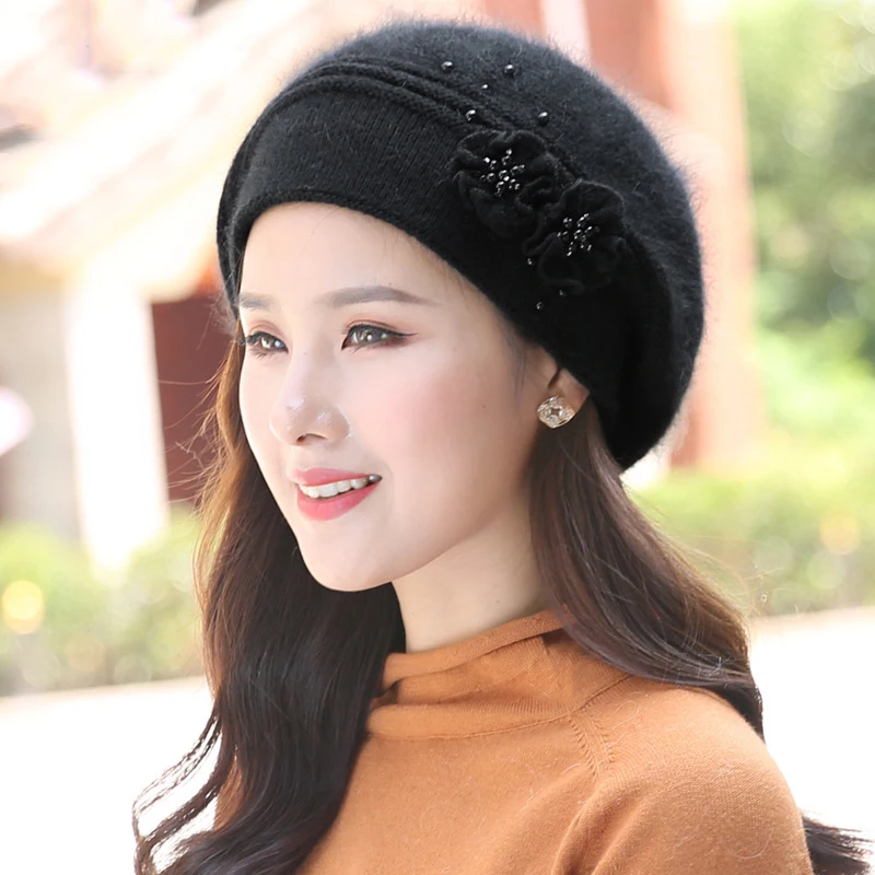 

Women Beret Winter Knit Hat Angora Beanie Warm Flower Pearl Double Layers Thermal Snow Outdoor Accessory