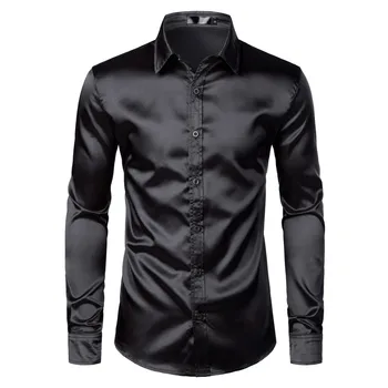 

Men's Black Satin Luxury Dress Shirts 2020 Silk Smooth Men Tuxedo Shirt Slim Fit Wedding Party Prom Casual Shirt Chemise Homme