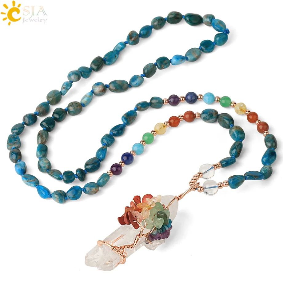 CSJA Irregular Natural Stone 7 Chakra Long Necklace Knotted Tumbled Bead Rose Gold-color Wire Wrap Life Tree Pendant Female G382