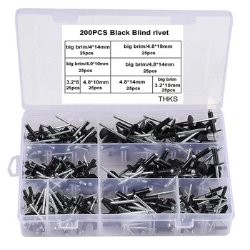 

200PCS Black Aluminum Alloy Core Pulling Flange Rivet Assorted Blind Rivets Box Open End Blind Rivets Mixed Assortment Kit