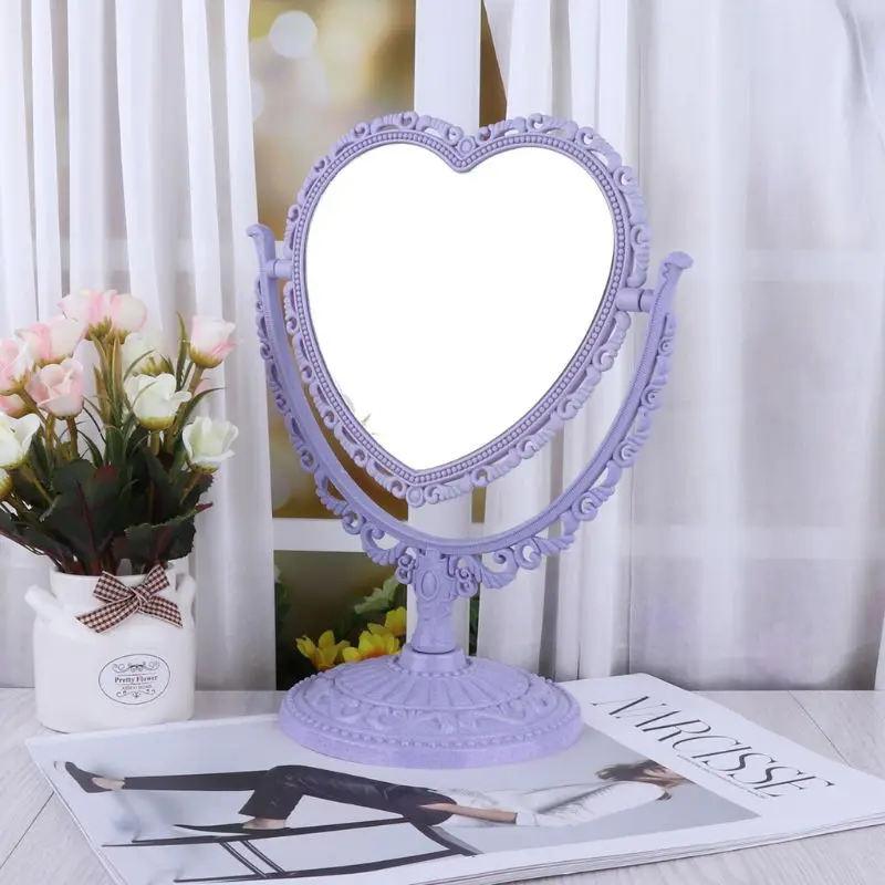 2Sides Heart-shaped Makeup Mirror Rotatable Stand Table Compact Mirror Dresser D5BF