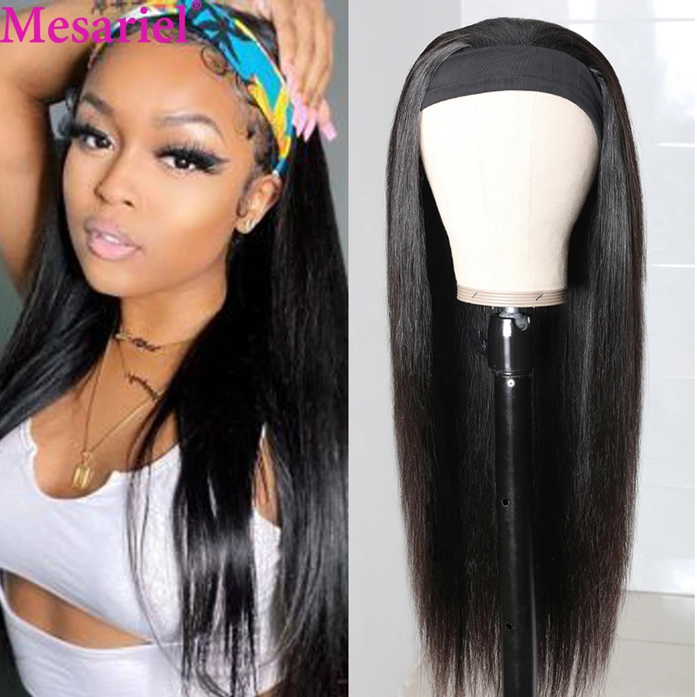 Mesariel Brazilian Straight Human Hair Wigs Headbang Glueless Full Machine Made 150% Density | Шиньоны и парики