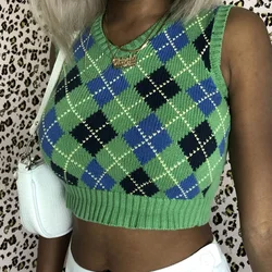 2021 outono moda de rua feminina usar decote em v sem mangas moda contraste verificar fino ajuste tanque topo feminino pull femme colete feminino