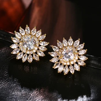 

New Classic Charming Sunflower Shape Earring Gold Color With Round AAA Zirconia Shiny Female Distinctive Dress-up In Party