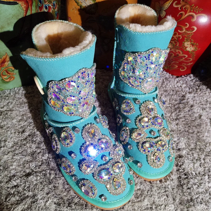 2020 Fall/Winter European Heavy Industry Rhinestone Middle Tube Cow Leather Flat Women's Cotton Shoes Snow Boots | Обувь
