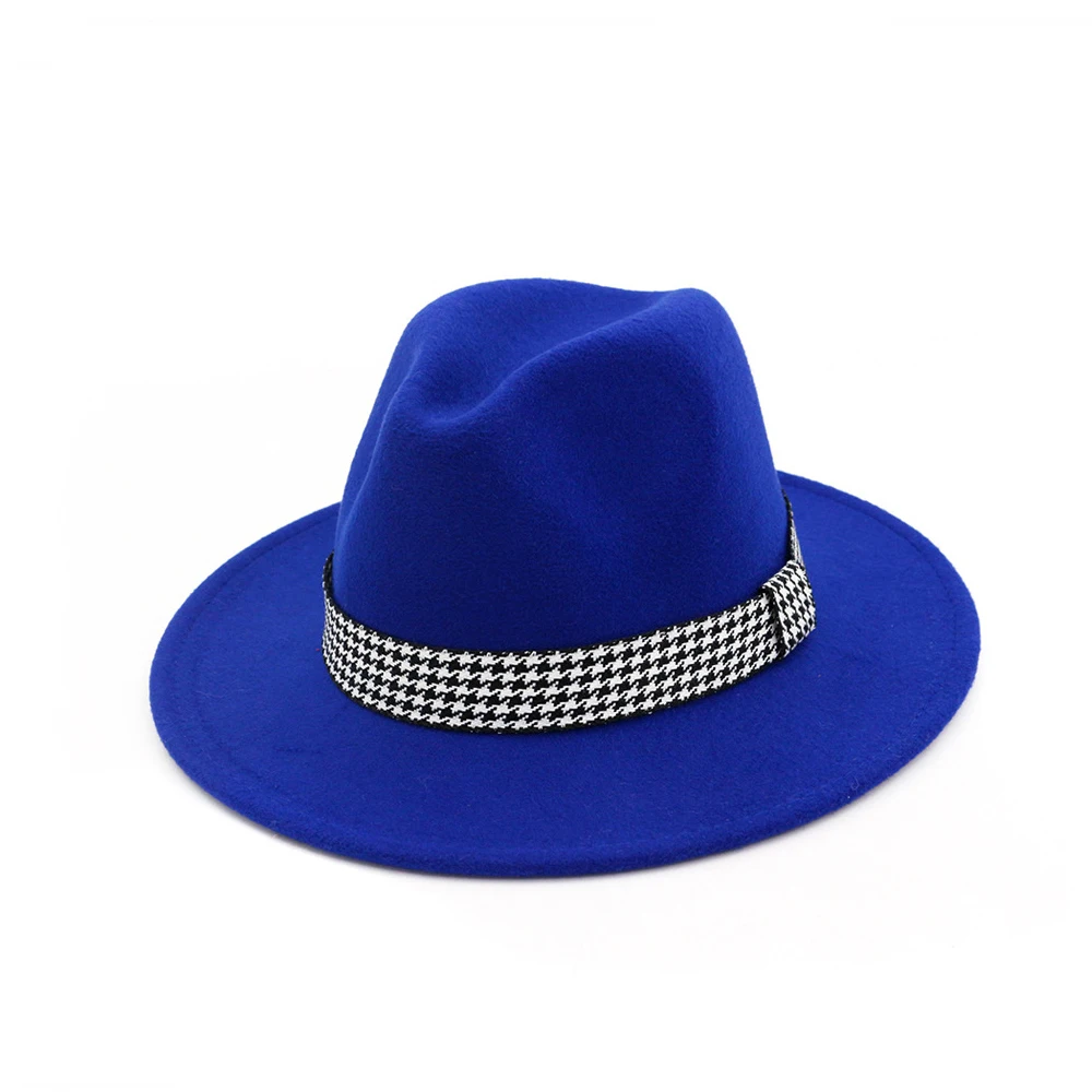 Blue Классическая мужская и женская шерстяная шляпа Fedora с тканевым поясом широкая шляпа Поп-джаз церковная чародейная шляпа размер 56-58 см - Цвет: Blue