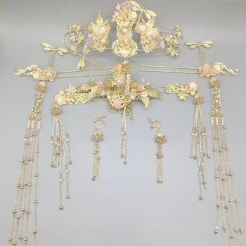 

New Chinese Bridal Wedding Headdress Ancient Dress Xiuhe Dress Accessories Hanfu Headdress Earrings Handmade Hair Phoenix Crown