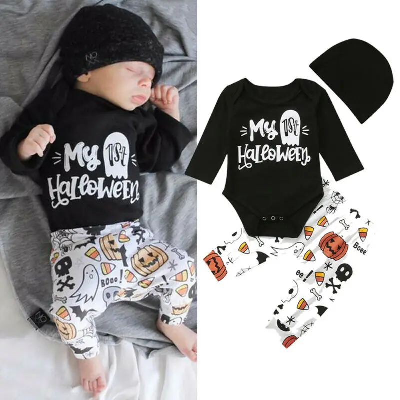 0-18M Halloween Infant Newborn Baby Boy Girl Clothes Set 1st Halloween Romper Jumpsuit Cartoon Pumpkin Ghost Pants Baby Costumes