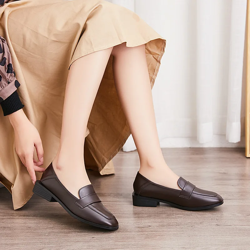 Brief moccasins square toe shallow women shoes casual comfy all match flats solid leather ladies wear resistant loafers footwear