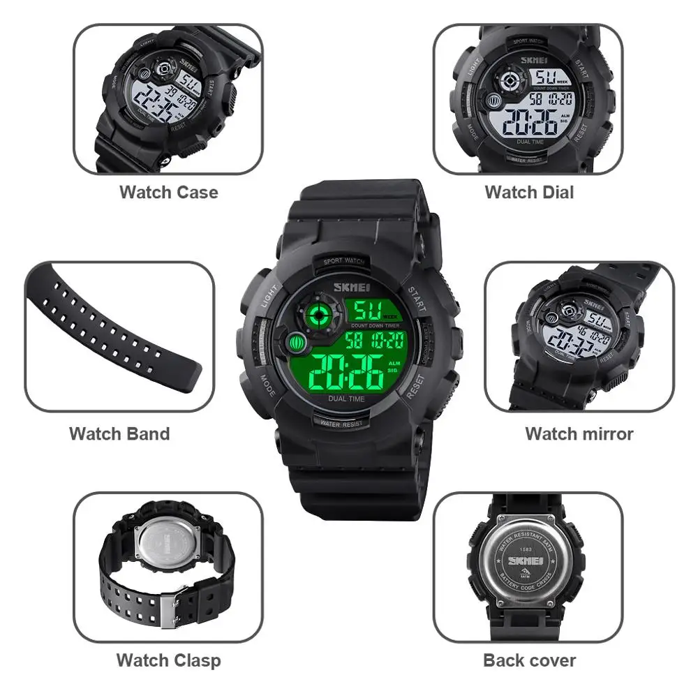 SKMEI Relogio Masculino 1583 Clcok мужские цифровые часы, военные часы с функцией обратного отсчета, спортивные часы, 5 бар, водонепроницаемые мужские наручные часы
