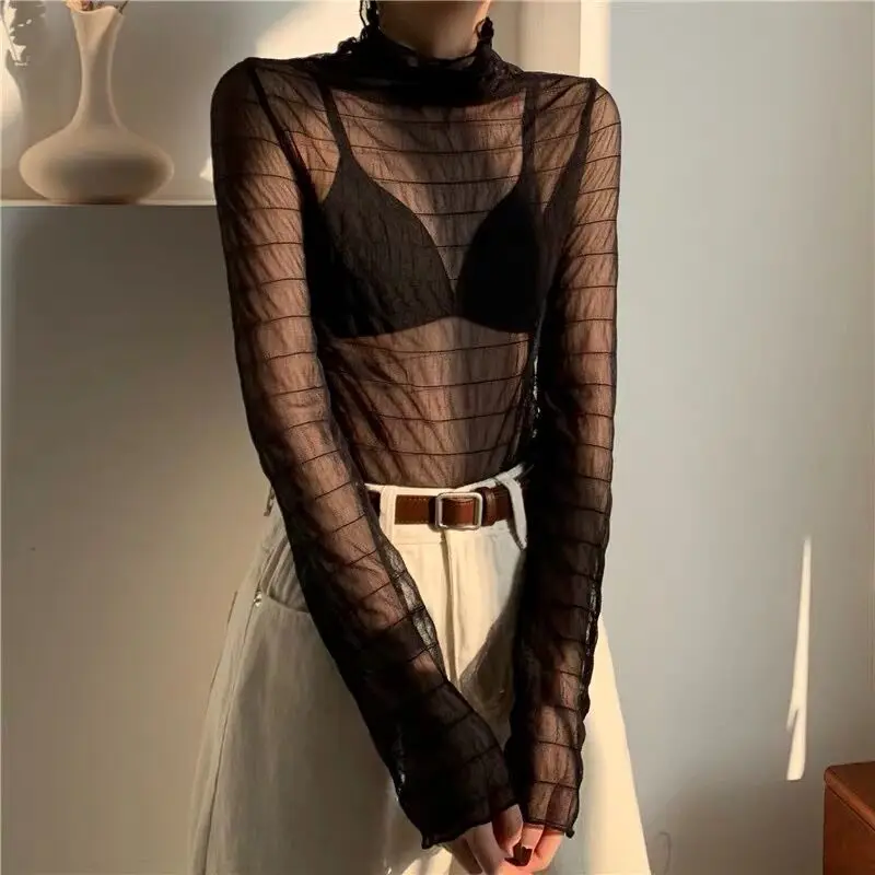 

2020 Transparent Black Sexy Mesh Top Female Turtleneck Long Sleeve Shirt Women Club Wear Spring Summer Tops Streetwear