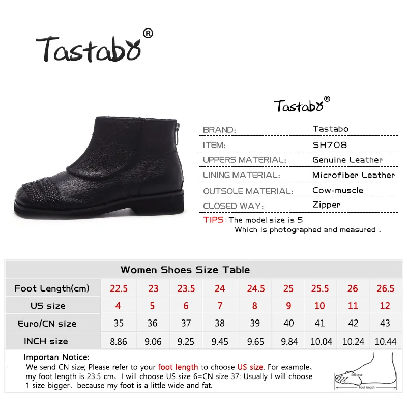 Tastabo Genuine Leather ladies ankle boots Hand-knit style Women's boots Brown Black SH708 Low heel Soft Women's shoes Casual