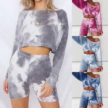 

Women Fashion Print Loose Tracksuits Casual Two Piece Set Summer Street Crop Top Shorts Multicolor Tie Dye Outfits Lounge Wear