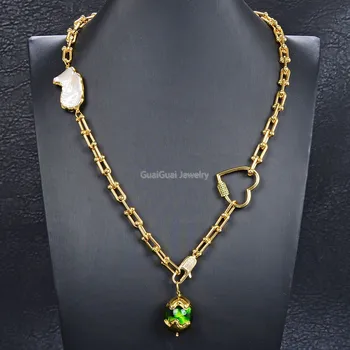 

GG Jewelry 23'' Green Agate Natural White Pearl Yellow Gold Plated Chain Pendant Necklace CZ Clasp