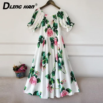 

DLINGHAN Fashion Floral-Print Cotton Dress Women's elegant Puff sleeve Vacation Cotton Dresses Designer Summer Female New