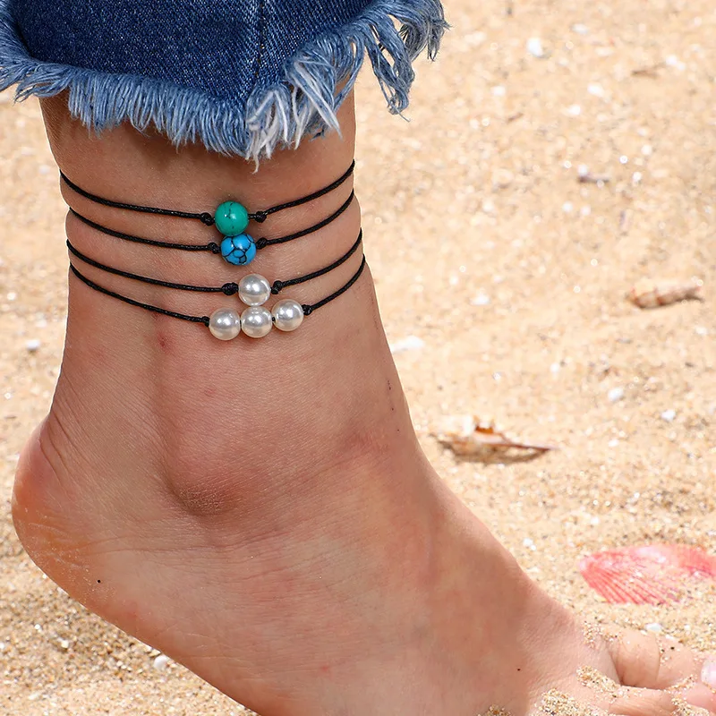 4pc/set Natural Simple Style Blue Green Stone White Moonstone hand-woven Pu Leather Rope Anklet Bracelet Jewelry Gifts Hot Sale | Украшения