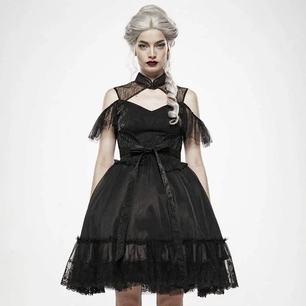 

Punk Rave Women's Cheongsam Style Cutout Lace Black Little Dresses With Big Bowknot WLQ-094LQF