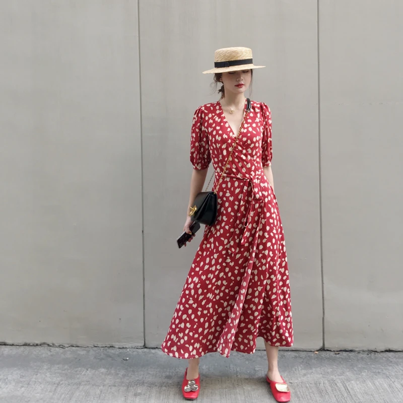 2019 Lacing up Waist Split Slim Women Short sleeve V neck Dot Wrap Dress