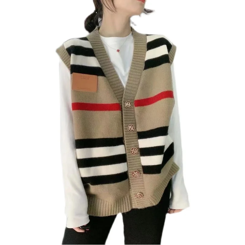 

New Fashion Spring 2022 Women Sweaters Casual Vest Warm Long Design Female Knitted Sweater Striped Vest Cardigan Sweater Lady