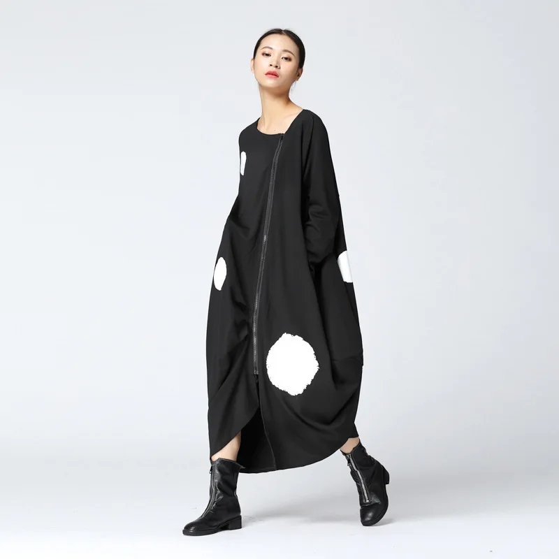 New Fashion Style Big Dot Split Joint Loose Big Size Black Dress Fashion Nova Clothing