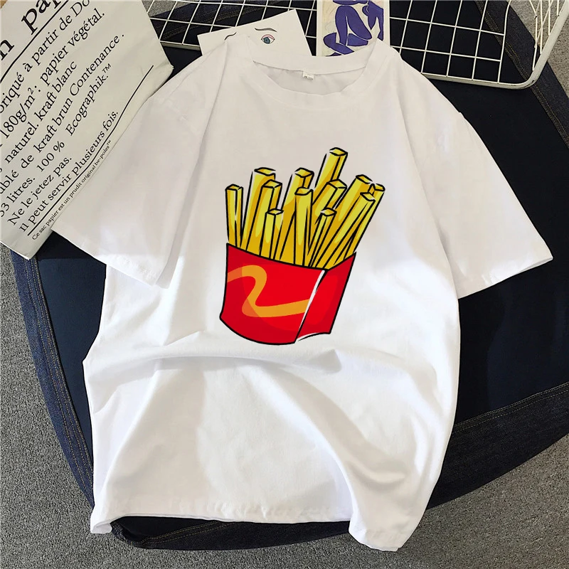 

Women's T-shirt 90s Ulzzang Harajuku Graphic Funny French fries Burger Print T-shirt O Neck Casual Women's Top T-shirt