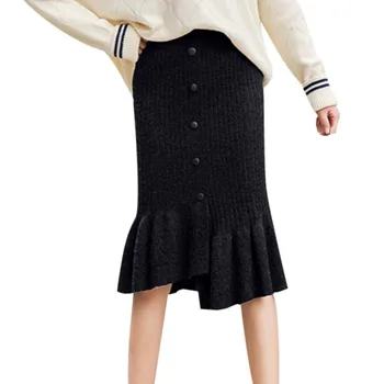 

New Autumn Women Knit High Waist Irregular Design Skirt Solid Color Button Mermaid Skirt Tight Skirts Gray Black