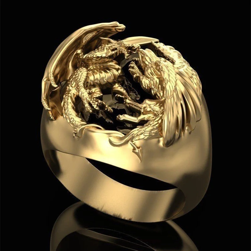 Domineering Combat Fighting Dragon Eagle Rings Punk Animal Jewelry Men's Cool Big Golden Finger Z4Z033 | Украшения и