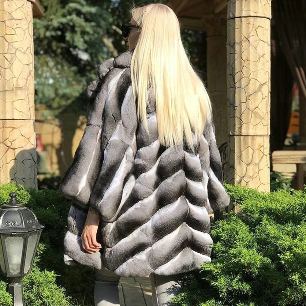 Women Real Rex Rabbit Fur Coat Turn-down Collar High Quality Winter New Whole Skin Genuine Rex Rabbit Fur Coats Chinchilla Color