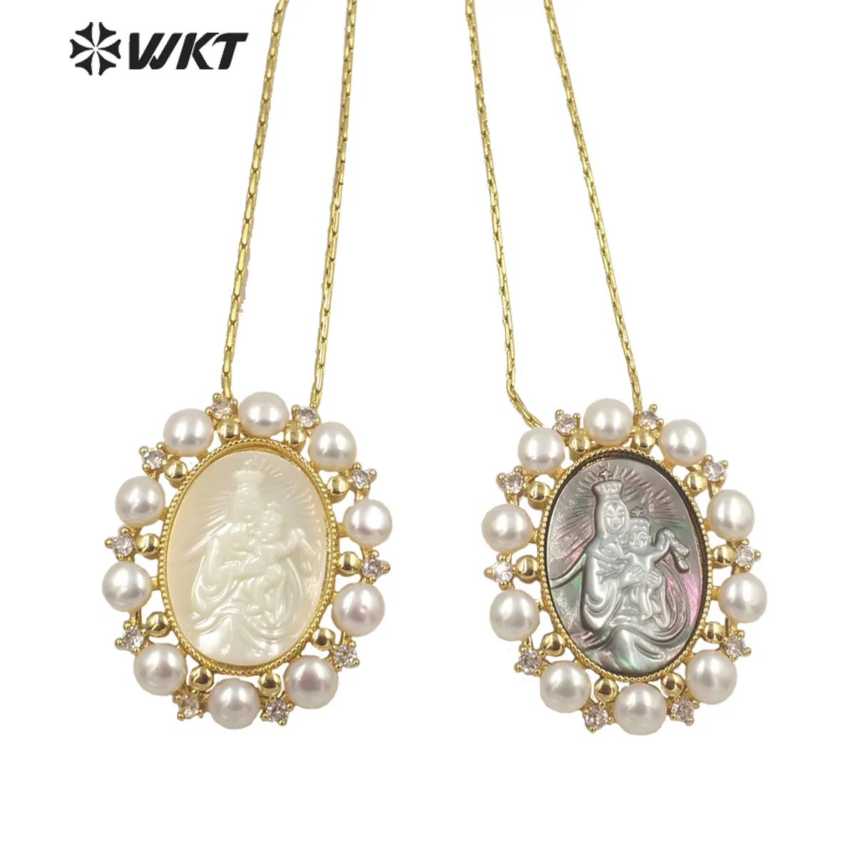 

WT-JN166 WKT Baroque Freshwater Pearl With Natural Shell Necklace Notre Dame Baby Pendant Religious Jewelry Gift For Ladies