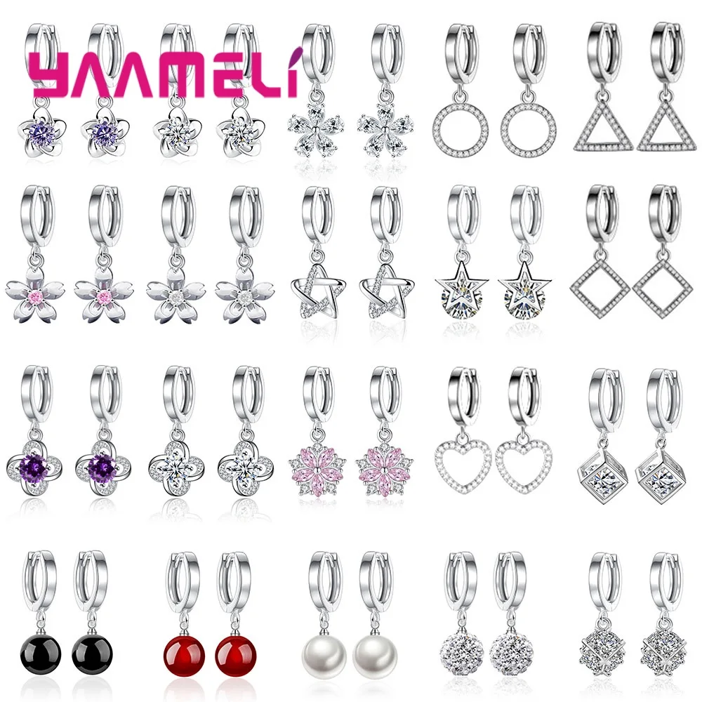 

Hottest Sale Dangle Drop Earrings 925 Sterling Silver 5A Crystal Triangle Circle Heart Star Flower Wedding Brincos Jewelry