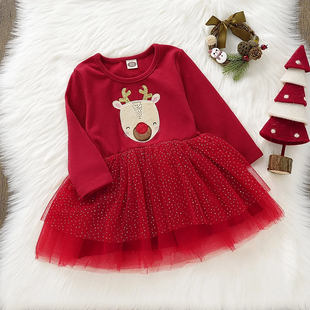 Рождественское платье принцессы для маленьких девочек вечерние платья-пачки с длинными рукавами и рождественским оленем для девочек