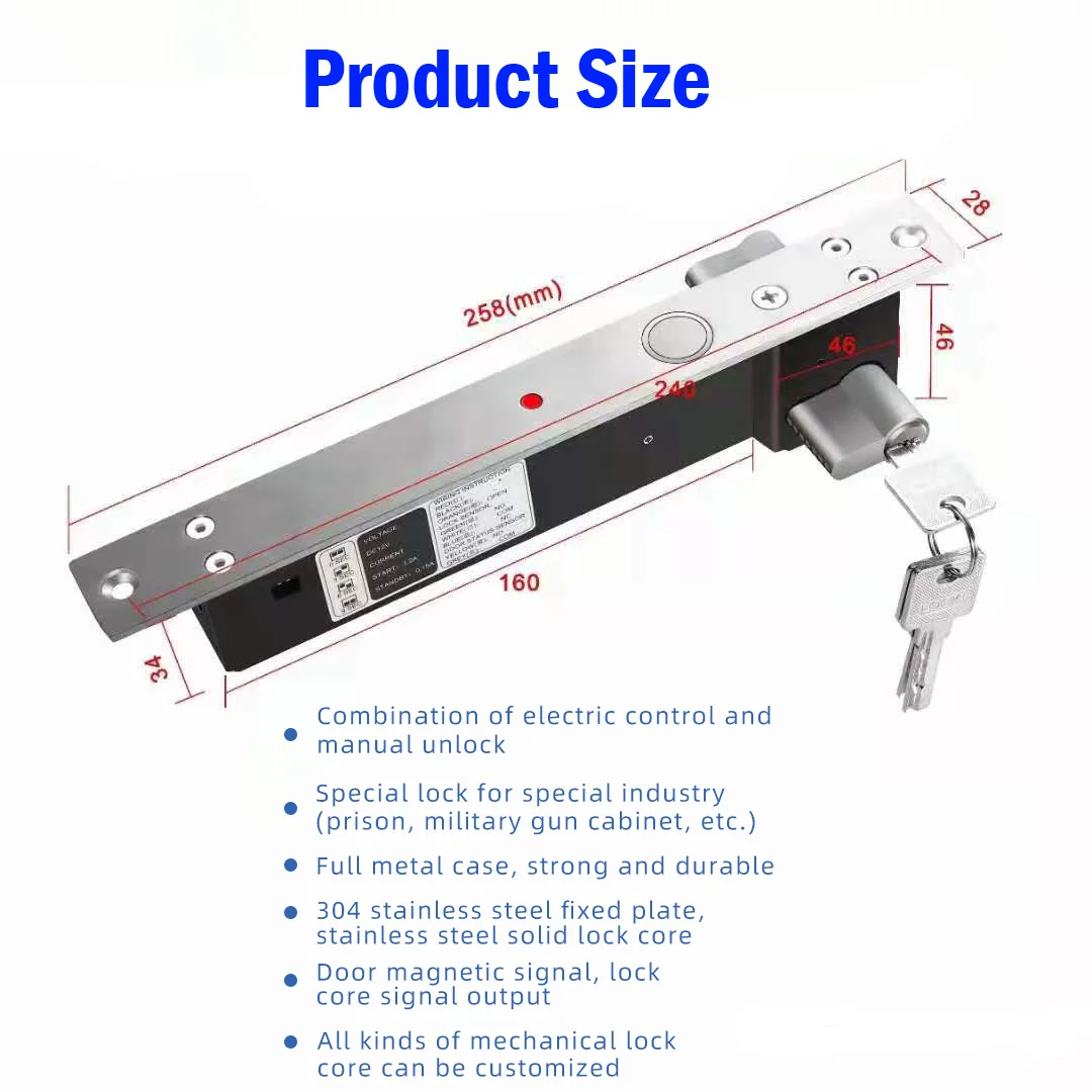 DC 12V Fail Secure Bolt Lock With Mort Lock Cylinder Mechanical key locking Drop