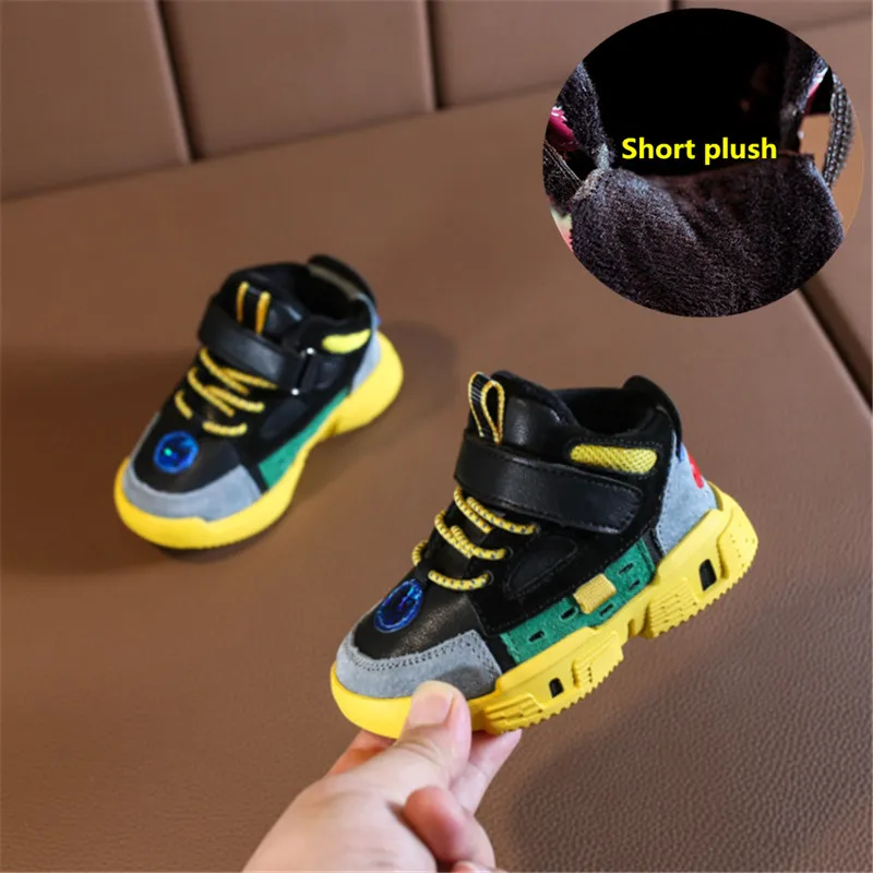 Black yellow DIMI зимняя теплая обувь для детей, для мальчиков и девочек, Короткие Плюшевые ботинки кроссовки Нескользящая мягкая подошва, детские для малышей Спортивная обувь - Цвет: Black yellow