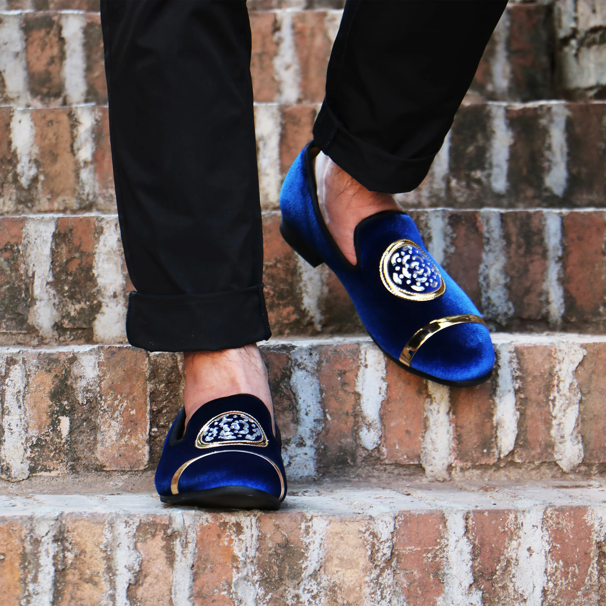 XQWFH Fashion Rhinestone Loafers for Men Slip-On Smoking Slippers Gold Emblem Tuxedo Dress Shoes Soft Casual Flats Wedding Shoes 5