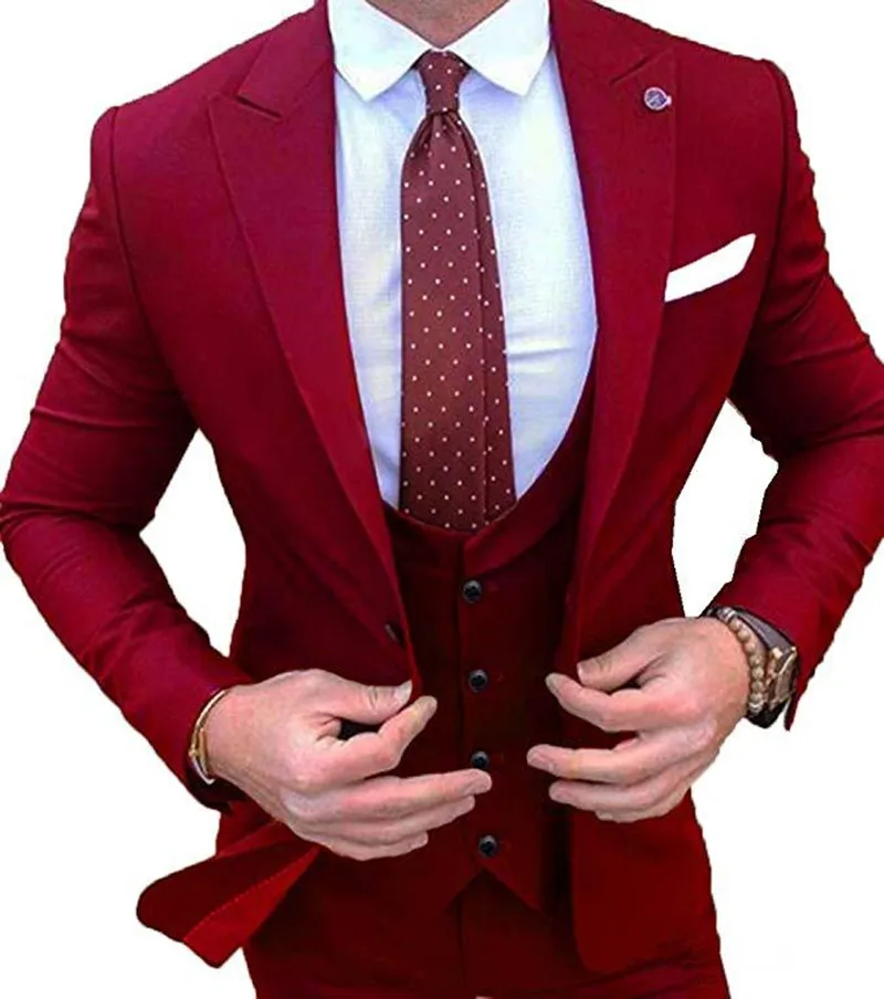 52(Jacket+Pant +vest)Burgundy Mens Suits Groom Wear Tuxedos 3 Piece Wedding Suits Groomsmen Best Man Formal Business Suit For Men