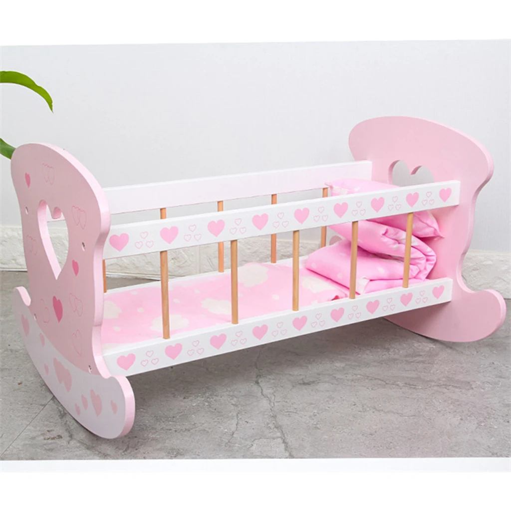Wooden Girl Toy Rocking Cradle For Baby Dolls With Pillow Blanket for Kids Role Play Game Early Educational Toy