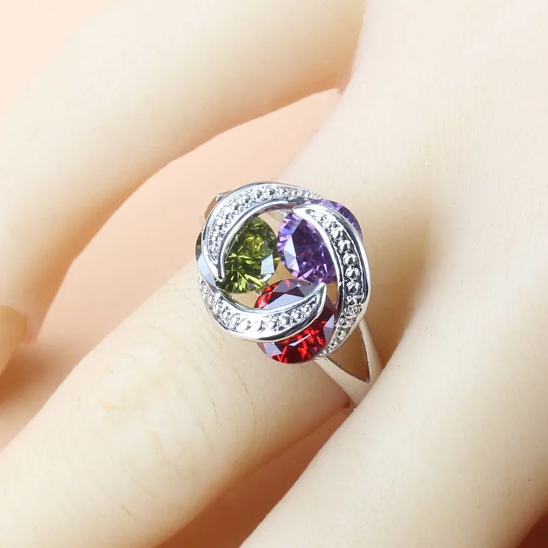 Colorful Stone Silver Color 925 Silver Wedding Jewelry Sets For Women Stud Earrings Necklace Bracelet And Ring Bridal Sets bridal jewelry sets