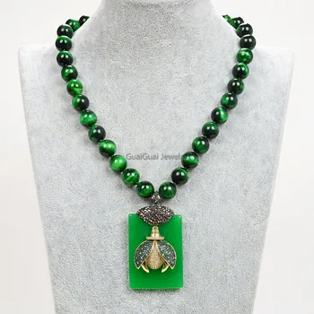 

GG Jewelry 12mm Green Tiger Eye Necklace Rectangle Green Jade Cz insect Pendant 18"