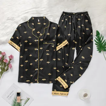 

HaloSweet Turn-down Collar Summer Full Length Pajama SetsTwo Pieces High Quality Short Sleeves Pyjamas Women Sleepwear Silk