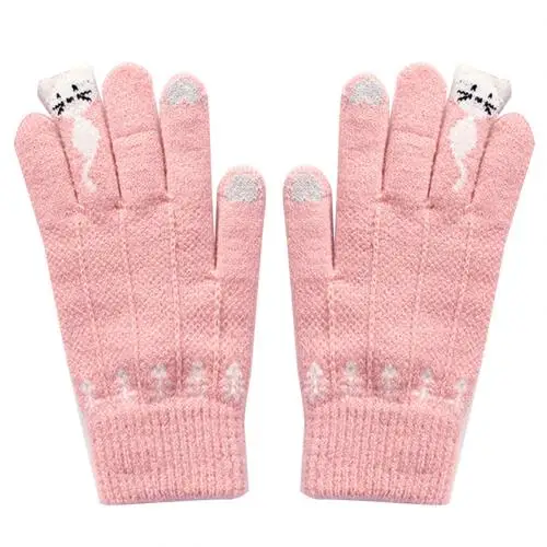 Теплые зимние вязаные перчатки, полный палец, варежки, милые Мультяшные Коты, перчатки для экрана, Handschoenen gants femme, перчатки - Цвет: Pink
