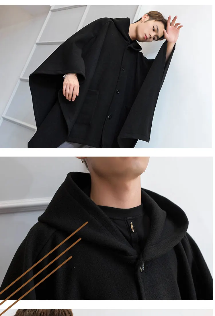 Loose mid-length single-breasted autumn and winter woolen coat hooded cloak coat male dark shawl cloak hip hop