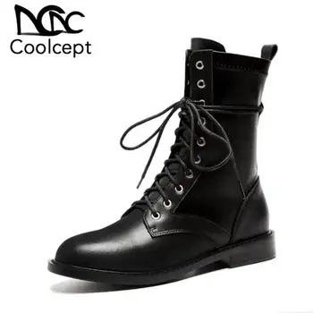 

CoolCept Women Mid Calf Boots Genuine Leather Cross Strap Autumn Winter Flats Shoes Women Black Casual Party Footwear Size 34-39